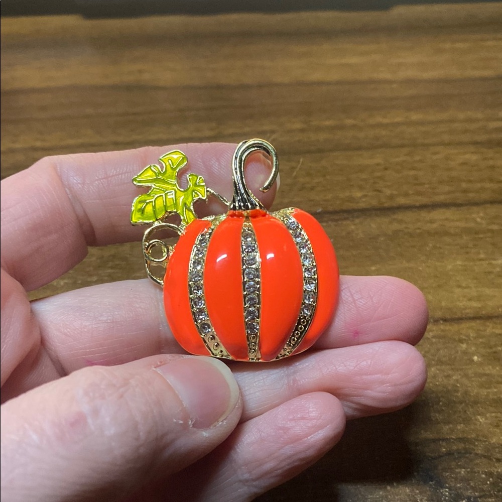 Pumpkin Brooch With Sparkling Rhinestones & Gold Accents